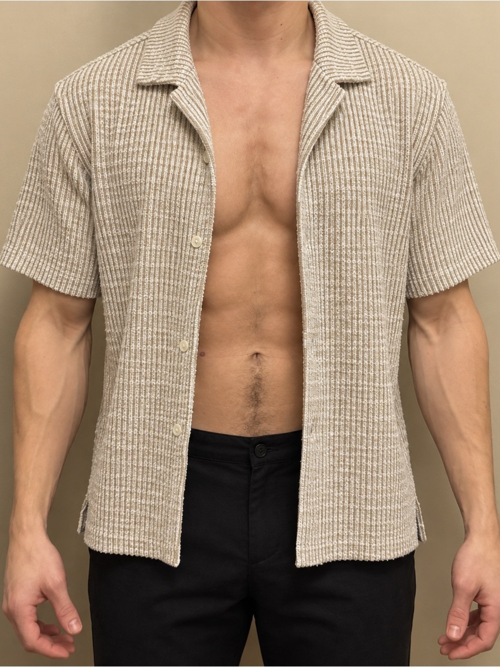 American Eagle Outfitters Men’s Beige Rib-Knit Short-Sleeve Camp Shirt Sz Medium